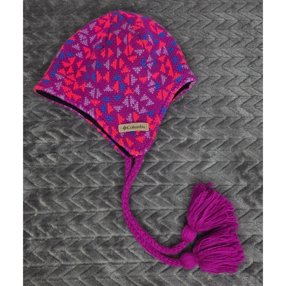 Columbia Omni Heat Youth Girls Tassle Cap Hat Knit Ear Flap Beanie Outdoor Ski